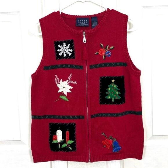 Liz Claiborne Vintage Christmas Sweater Vest Red Knit Embroidered Petite Large - Picture 12 of 12